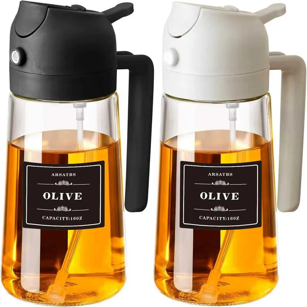 Oil Sprayer for Cooking, Kitchen 2 in 1 Spray and Pour Olive Oil Dispenser with Stickers,470Ml Glass Oil Spray Bottle